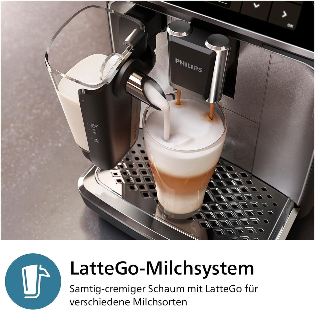 Cafetera superautomática Philips Serie 3300: 6 bebidas, pantalla táctil a color moderna, sistema de leche LatteGo, SilentBrew, molinillo 100% cerámica, filtro AquaClean. Cromo negro (EP3347/90)