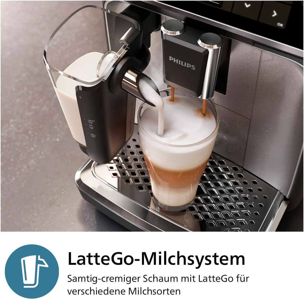 Cafetera superautomática Philips Serie 3300: 6 bebidas, pantalla táctil a color moderna, sistema de leche LatteGo, SilentBrew, molinillo 100% cerámica, filtro AquaClean. Cromo negro (EP3347/90)