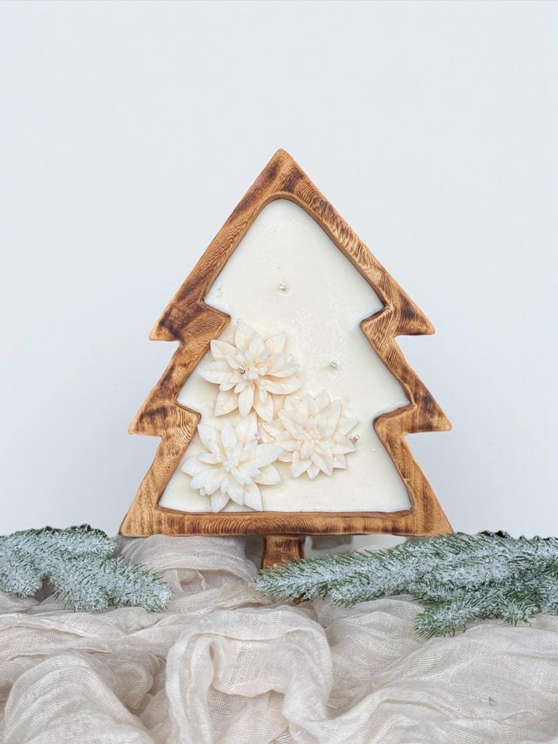 Cuenco de madera en forma de árbol de Navidad con copos de nieve o flor de Pascua, vela de soja, 100% cera de soja natural, mechas de madera, 26 cm x 19 cm