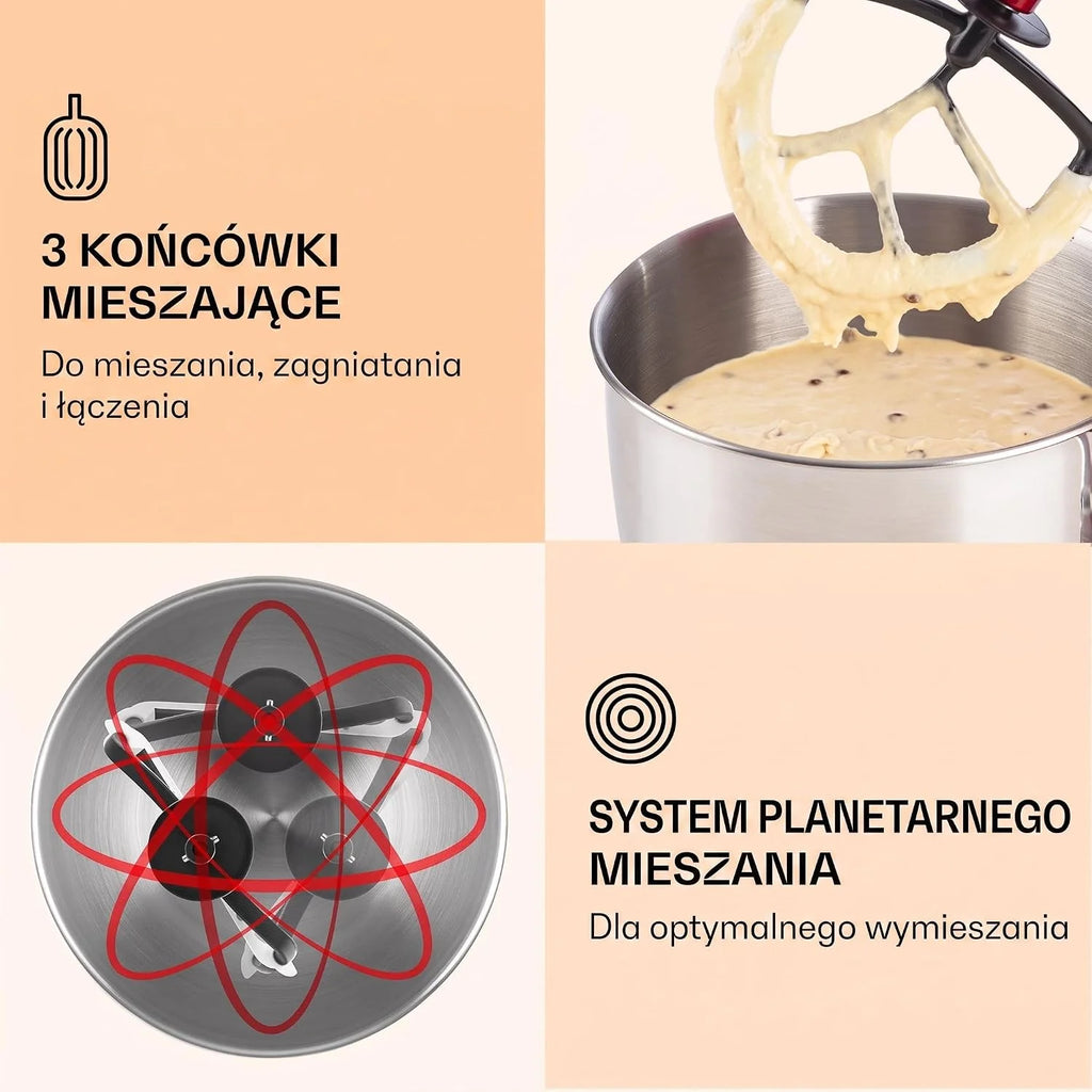 Klarstein Robot kuchenny z maszynką do mięsa, 1800W maszyna do ciasta Mała, 6 biegów, Trzepaczka, hak do mieszania i ugniatania, Mieszanie planetarne, Mikser z blenderem, Robot z misą 5L