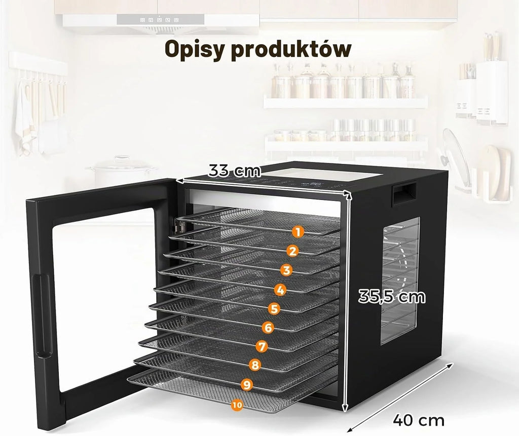 COSTWAY 850 W suszarka do żywności z 10 stalowymi miseczkami, suszarka z 10 wstępnie ustawionymi programami, 48-godzinnym timerem i temperaturą 30-75 °C, suszarka do żywności do owoców, warzyw, mięsa