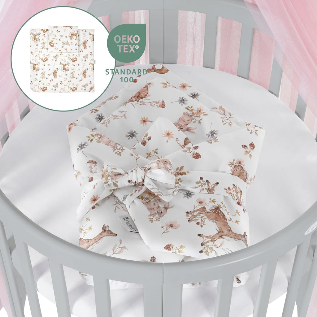 Cuna ovalada evolutiva Waldin, set completo 7 en 1, cuna de barrotes, cama infantil con colchón, cambiador, cuna colecho, madera blanca