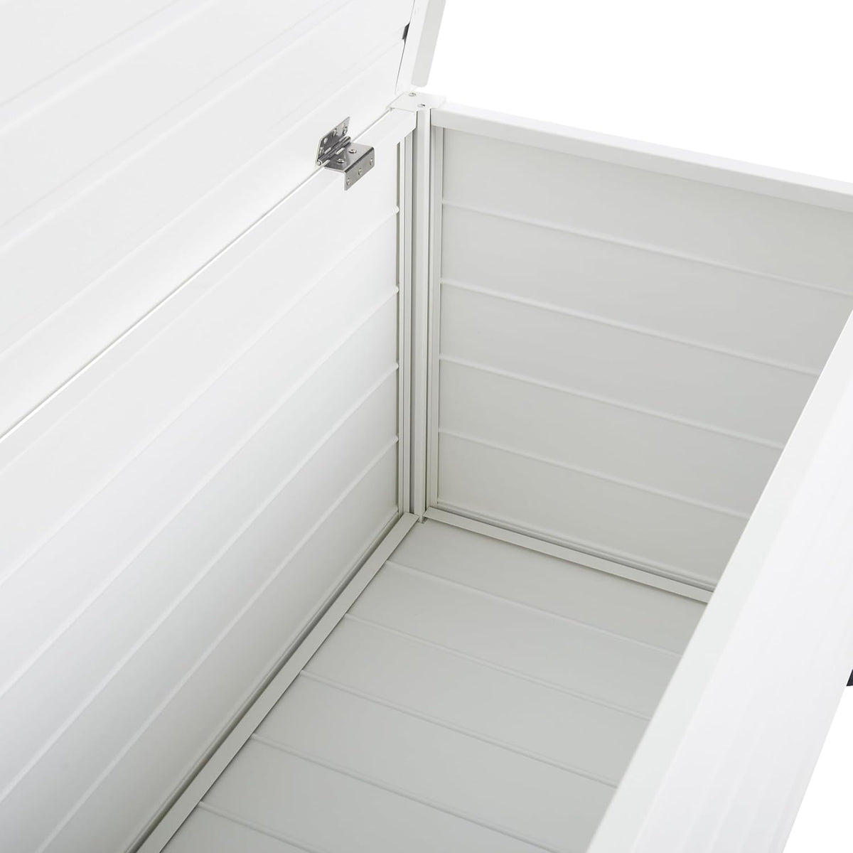 Baúl de jardín Beliani 330L aluminio blanco impermeable, arcón para cojines, caja de almacenaje Campalto