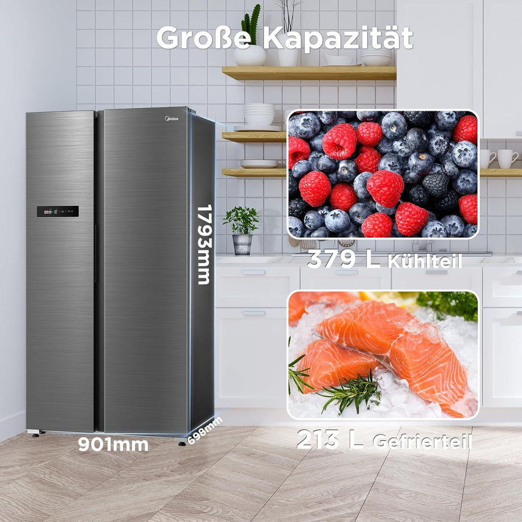 Midea KS-DDX 6.32 WT Frigorífico americano / 178,8 cm de altura / 254 kWh/año / No Frost / Compresor Dual Inverter / con dispensador de agua/hielo 3 en 1 y depósito de agua, Dark Inox