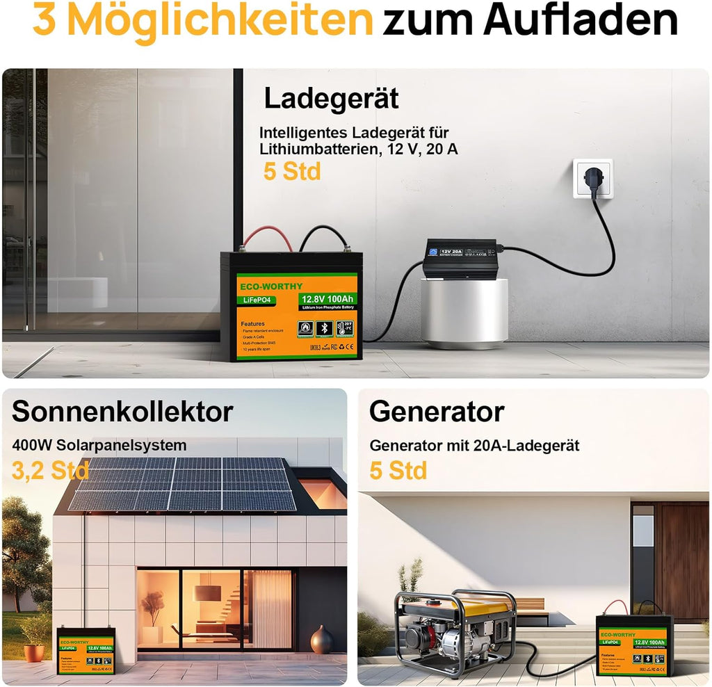 Batería de litio ECO-WORTHY LiFePO4 12V 100Ah con Bluetooth, BMS de 100A, protección contra bajas temperaturas y hasta 15.000 ciclos, 1280Wh, batería de 12V 100Ah para autocaravanas, caravanas y barcos