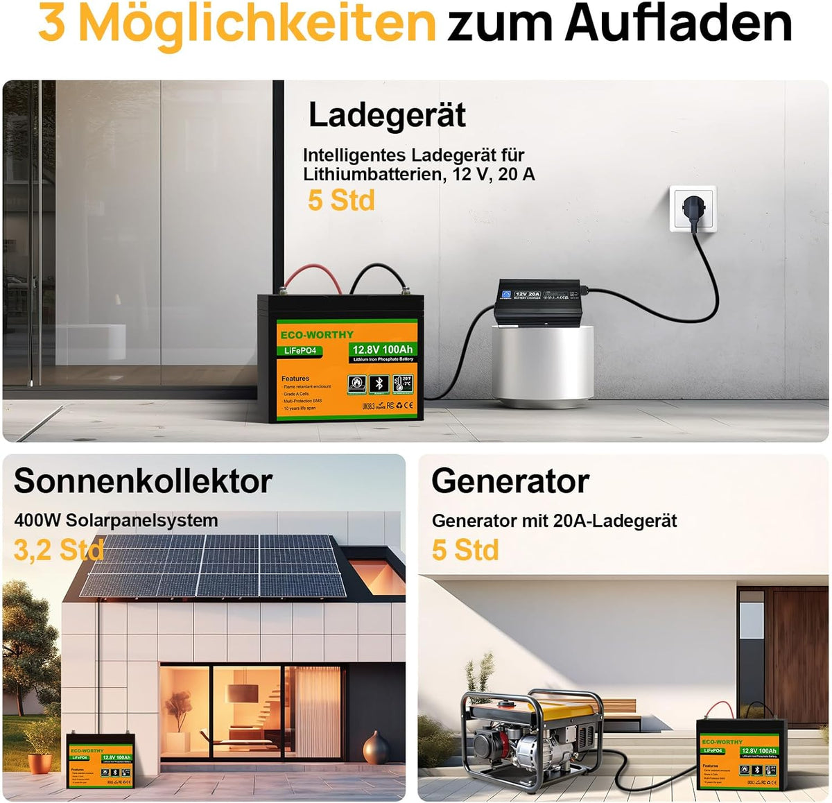 Batería de litio ECO-WORTHY LiFePO4 12V 100Ah con Bluetooth, BMS de 100A, protección contra bajas temperaturas y hasta 15.000 ciclos, 1280Wh, batería de 12V 100Ah para autocaravanas, caravanas y barcos