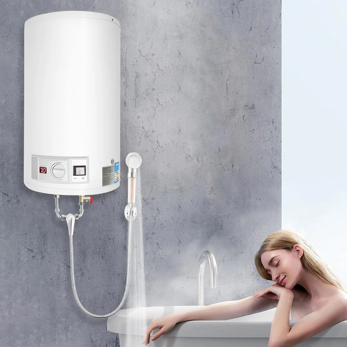 Elektryczny zbiornik ciepłej wody, bojler 50 l, 2 kW, zestaw kotła elektrycznego z zaworem bezpieczeństwa, cyfrowym wyświetlaczem, słuchawką prysznicową, prysznicem