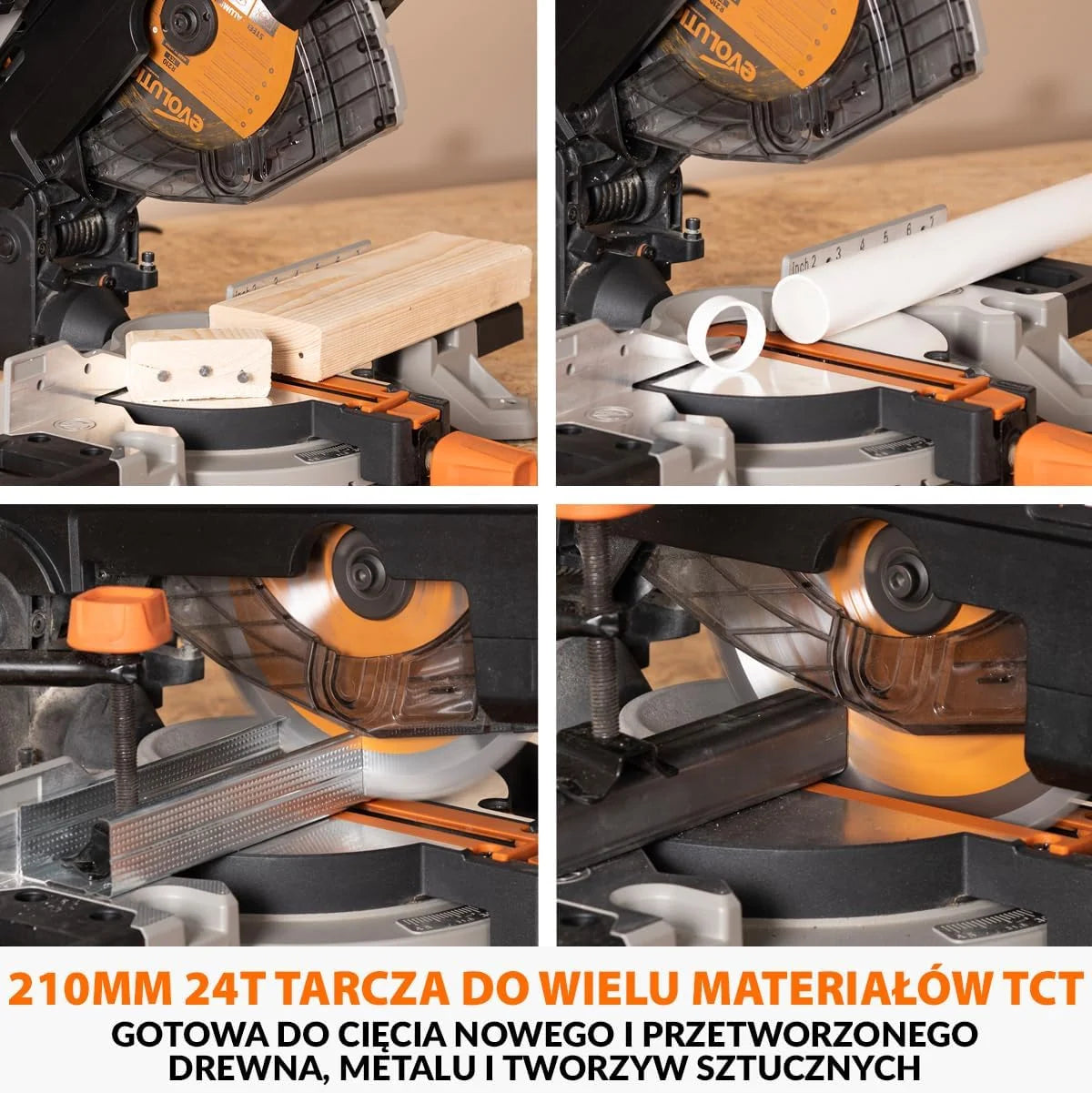 Evolution Power Tools R210MTS-G2 Zmienna piła ukośna/stołowa, kompaktowa, wielofunkcyjne cięcie różnych materiałów, ostrze TCT w zestawie do cięcia drewna, plastiku i metalu, 210mm