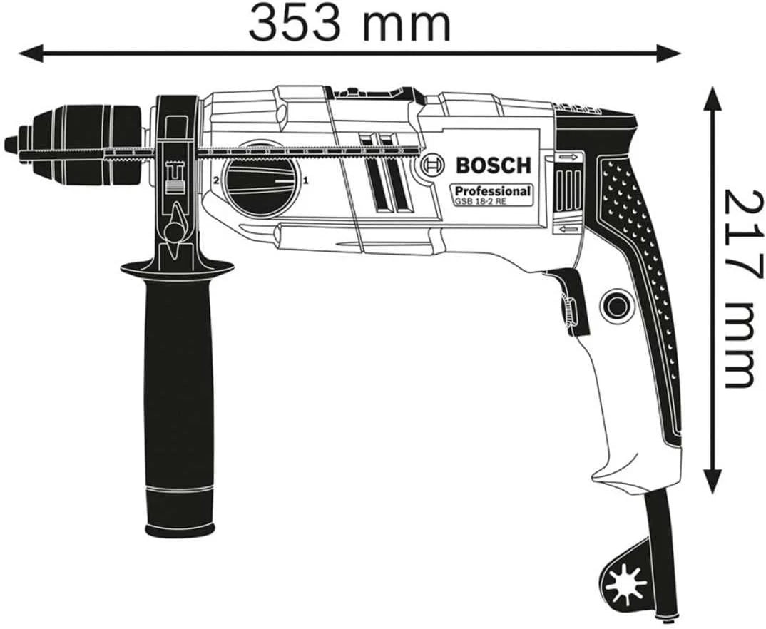 Bosch Professional: wiertarka udarowa GSB 18-2 RE (ogranicznik głębokości 210 mm, rękojeść dodatkowa, zębaty uchwyt wiertarski 13 mm, walizka)