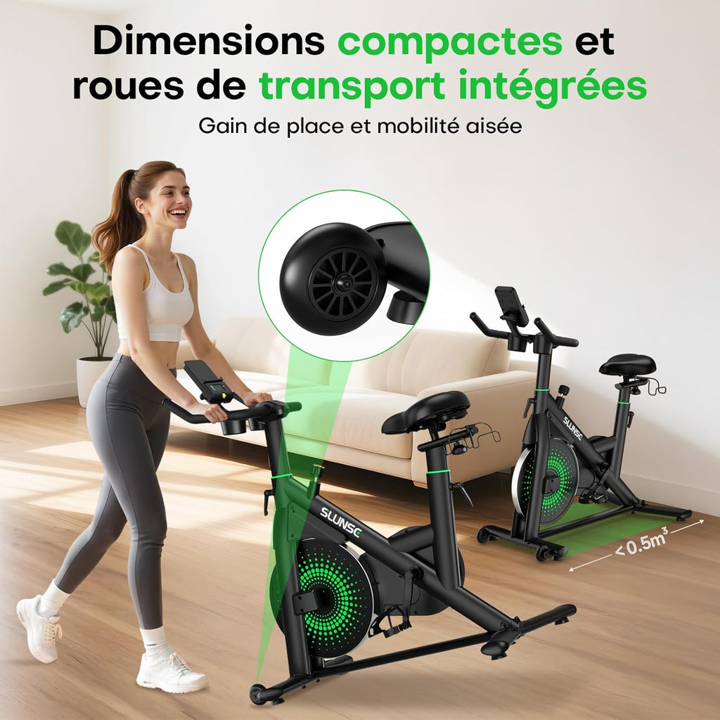 Bicicleta estática para casa, bicicleta de fitness interior silenciosa con resistencia ajustable, bicicleta estática con aplicación, soporte para mancuernas, pantalla LCD, asiento cómodo, capacidad de 180 kg