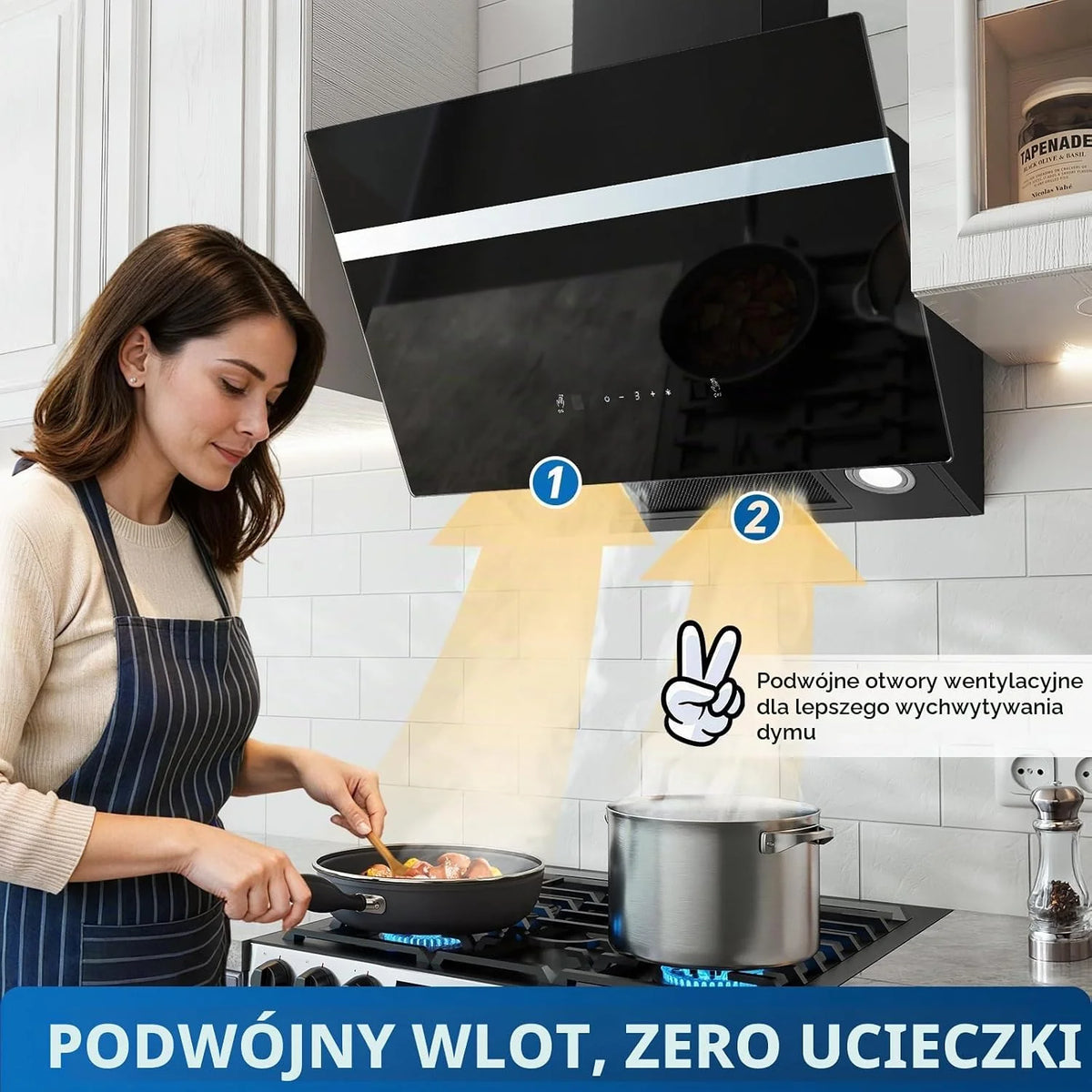 TopStrong Okap kuchenny 60 cm, 800 m³/h, obieg powietrza wylotowego z filtrem z węglem aktywnym, A+++, cichy okap z oświetleniem LED, okapy ścienne, 3 stopnie + ekran dotykowy Booster, silnik