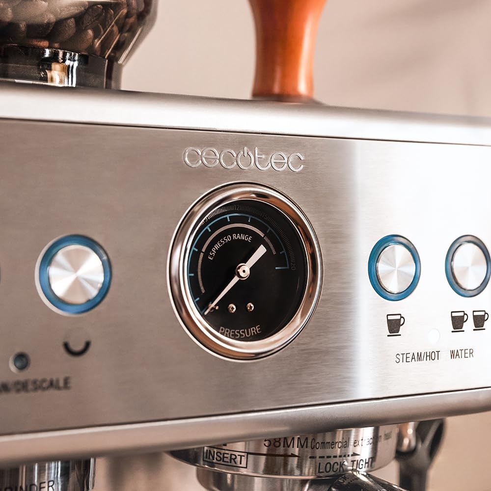 Cafetera express Cecotec Barista Power Espresso 20 Barista. 2250 W, 20 bares, manómetro y 2 thermoblocks, depósito de café en grano, molinillo con 20 niveles, vaporizador