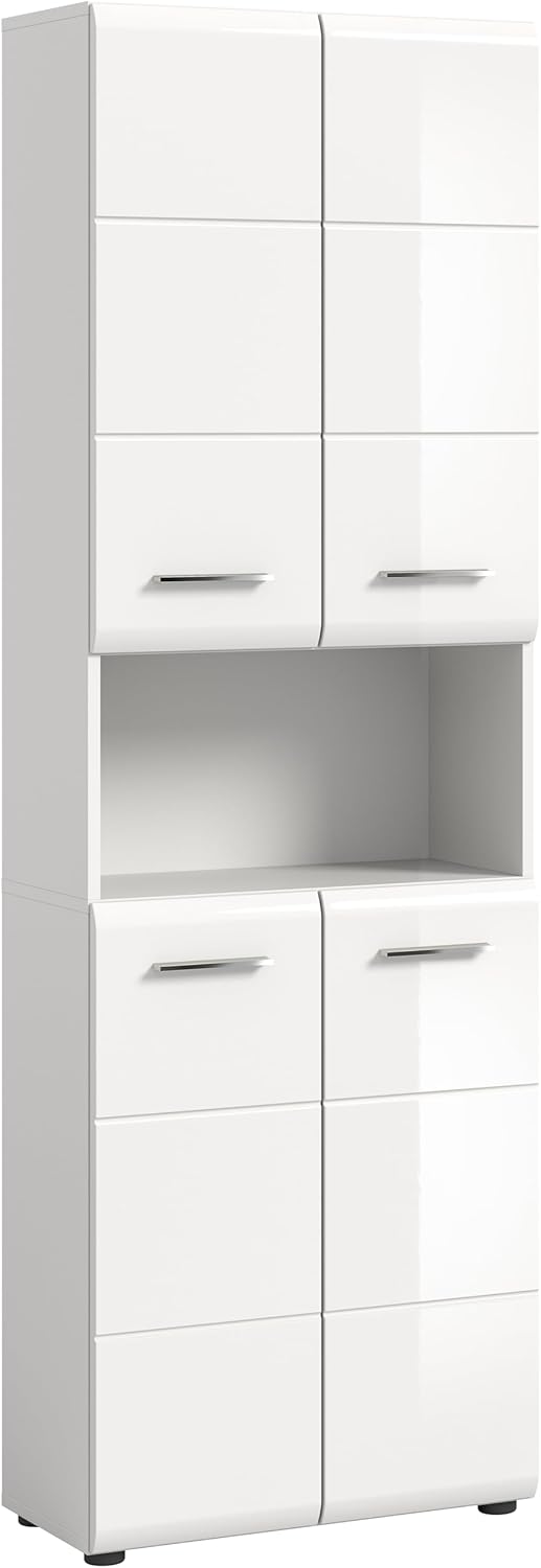 xonox.home - Armario alto Ice 60x185x30 cm, frente blanco alto brillo termoformado, cuerpo blanco - armario alto de baño ancho - elegante y funcional