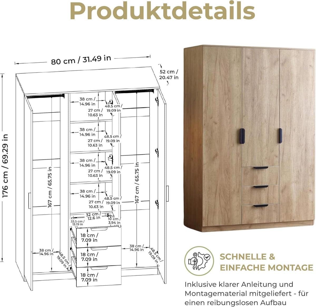 [en.casa] Armario Eiselfing, armario con 3 puertas, ropero 176 x 120 x 52 cm, armario de dormitorio, 2 barras para ropa, 4 compartimentos, 3 cajones, aspecto de roble