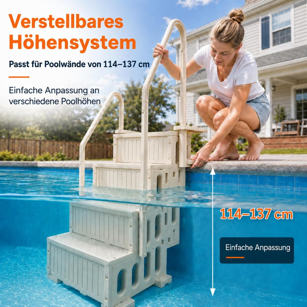 Escalera de piscina de 4 peldaños, escalera de piscina de HDPE blanco con doble pasamanos y antideslizante, capacidad de carga máxima de 180 kg para piscinas elevadas de 122–137 cm, piscina de jardín, piscinas enterradas, familias y personas mayores