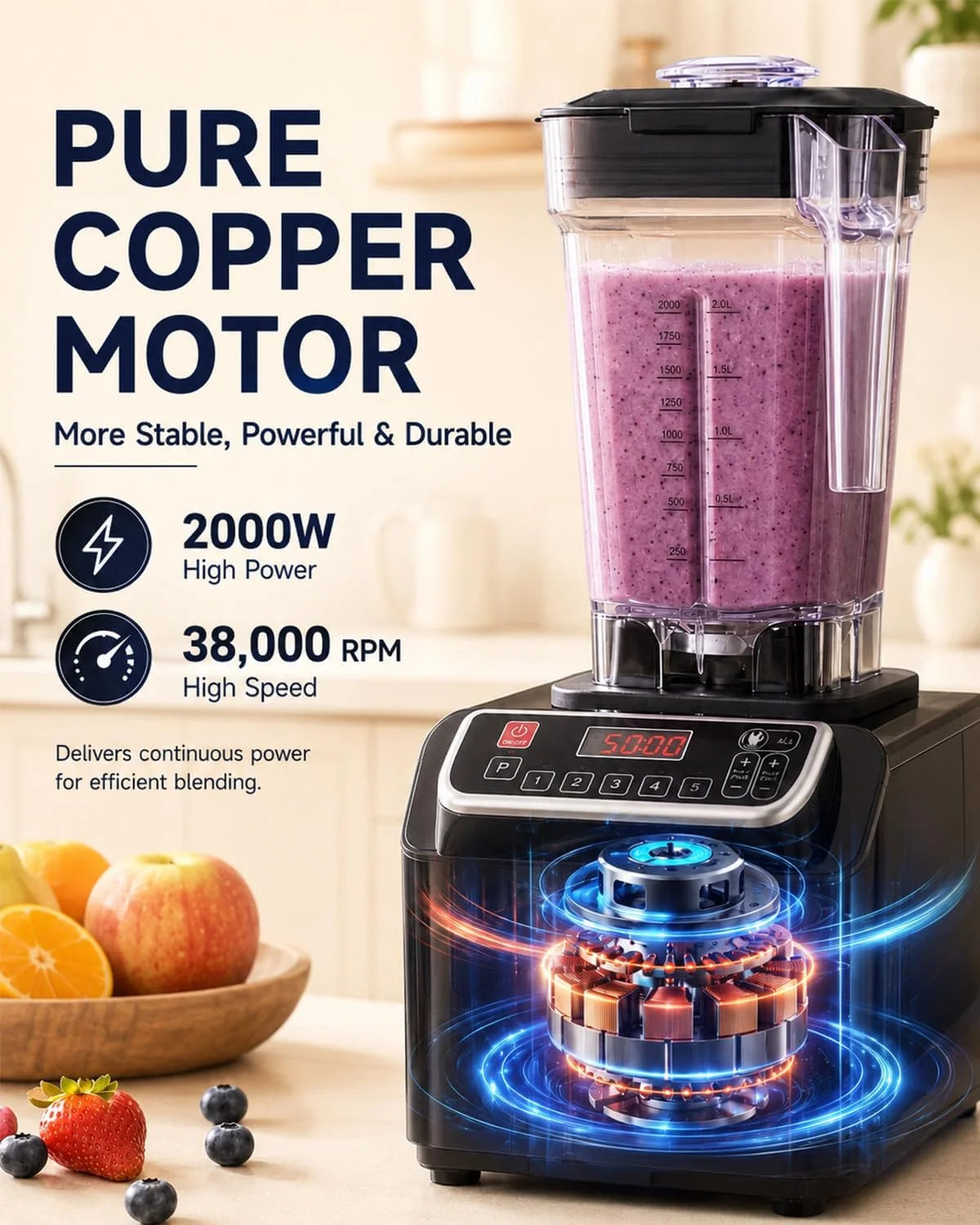 Blender Wysokoobrotowy 2000W, 2L, 38 000 obr./min, Ostrza Inox PC