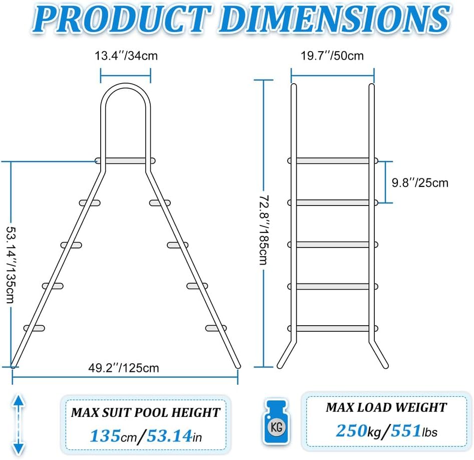 Escalera de piscina de acero inoxidable de 4 peldaños, escalera para piscina elevada, escalera de 132 cm de altura, peldaños de piscina para piscinas elevadas, escalera de piscina con capacidad de carga de 250 kg