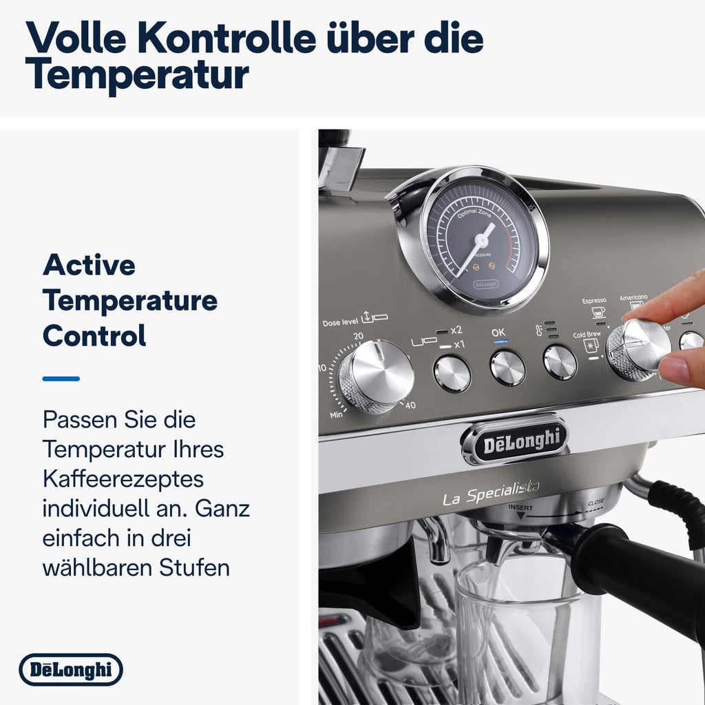 Cafetera espresso De'Longhi La Specialista Arte EC9155.MB con portafiltro y molinillo, 8 niveles de molienda, 15 bares, 3 niveles de temperatura, boquilla para espuma de leche, 1300 W, depósito de 1,5 l, acero inoxidable/negro, incluye kit de barista