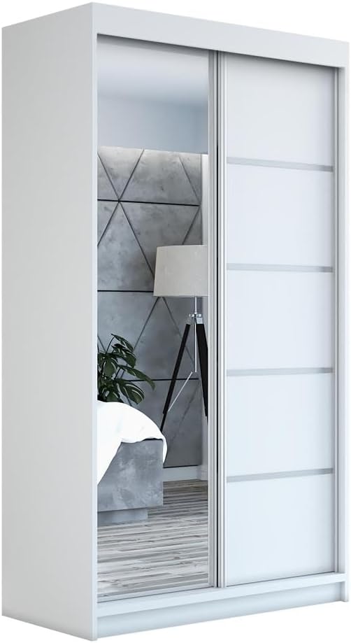 Armario con puertas correderas A&J MöbelLand GAPI, armario de 2 puertas con espejo, ropero de 120 cm (blanco/blanco/blanco)