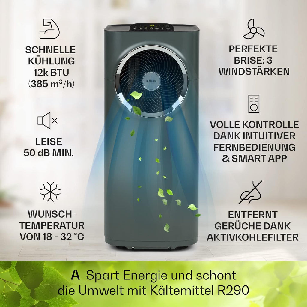 Acondicionador de aire portátil Klarstein con manguera de escape, unidad de climatización 5 en 1, ventilador, deshumidificador, purificador de aire y modo nocturno, control por aplicación, pequeño y portátil, para hogar y oficina, 12000 BTU
