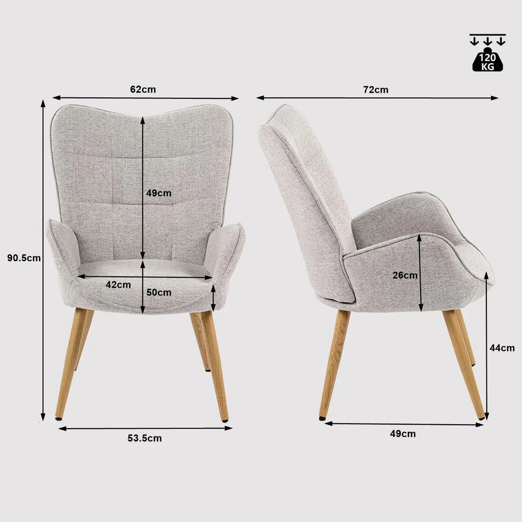 MEUBLE COSY Fotel do salonu krzesło akcentujące z wysokim oparciem skrzydła i wyściełanymi podłokietnikami, drewniane nogi, pojedyncza sofa do czytania sypialni, tkanina, szary