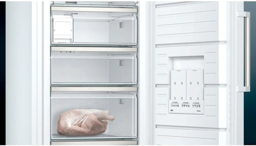 Congelador Siemens GS54NAWCV iQ500, 176 x 70 cm, 327 L, noFrost nunca más volver a descongelar, bigBox espacio para alimentos congelados grandes, varioZone estantes y cajones de cristal flexibles, Blanco
