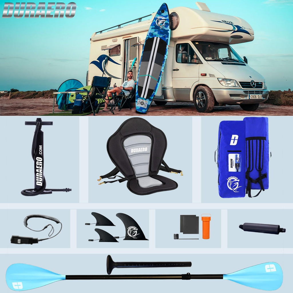 Tabla de paddle surf inflable con asiento de kayak, 330 x 76 x 15 cm, hasta 150 kg, almohadilla integrada, aleta desmontable, remo doble ajustable, kit de reparación, camuflaje azul