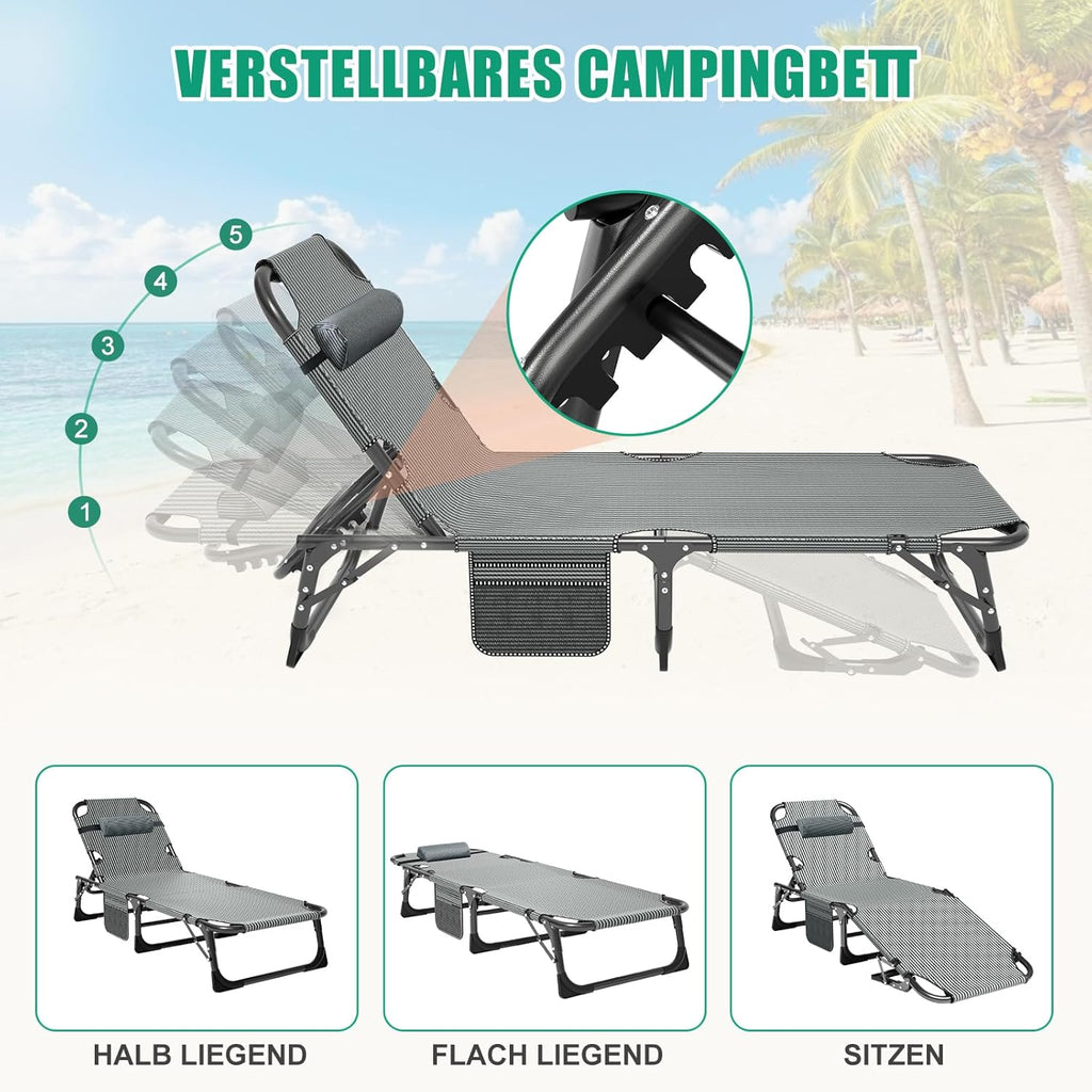 Set de 2 tumbonas plegables con colchón, capacidad de carga de 200 kg, tumbona de jardín con bolsillo lateral y reposacabezas, respaldo ajustable, tumbona de relax para balcón, jardín y playa