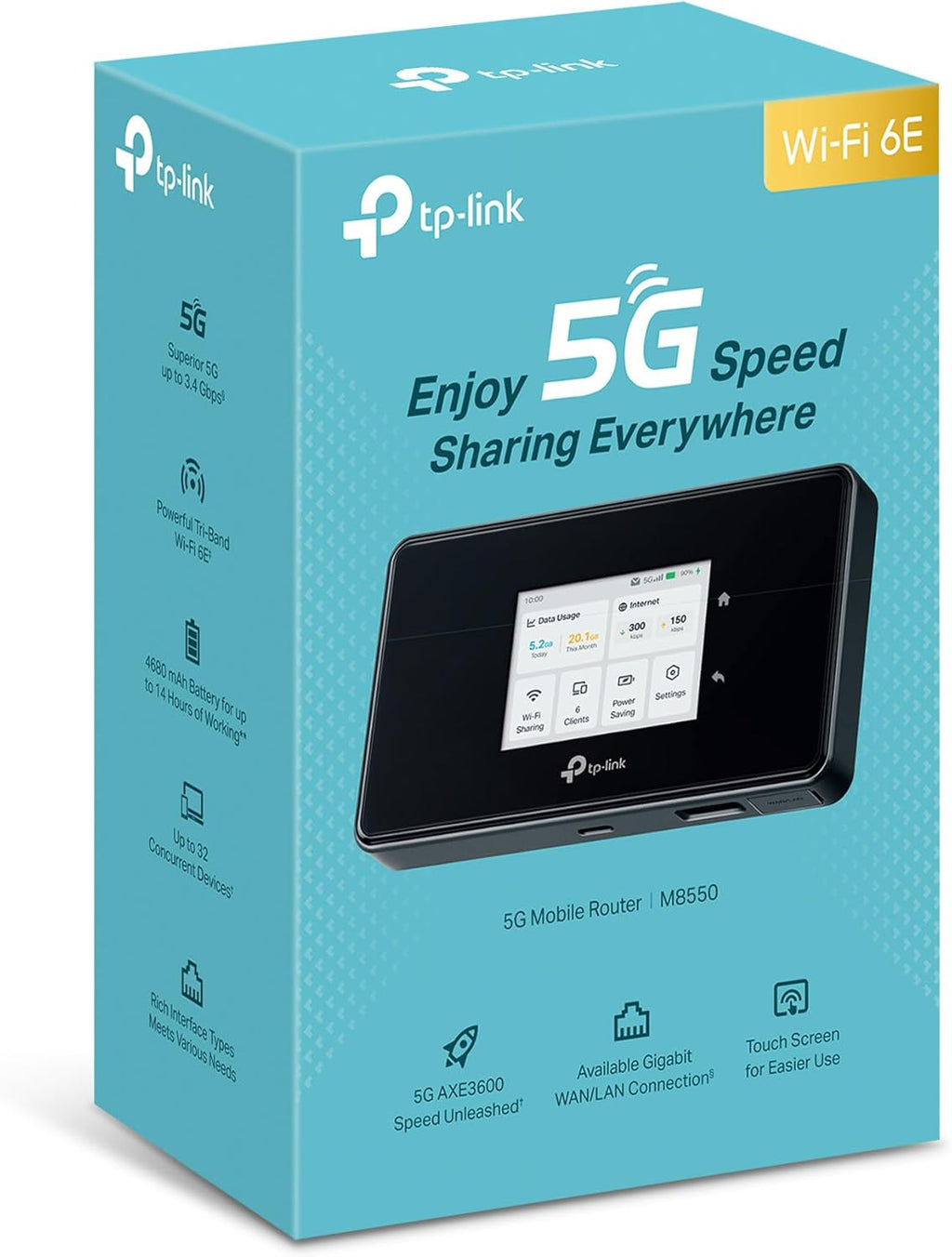 Router Wi-Fi móvil 5G LTE TP-Link M8550 – Hasta 3,4 Gbps, Wi-Fi 6E tribanda, ranura para tarjeta Nano-SIM, WAN/LAN Gigabit, batería de 4680 mAh, pantalla táctil, WireGuard, hasta 32 dispositivos