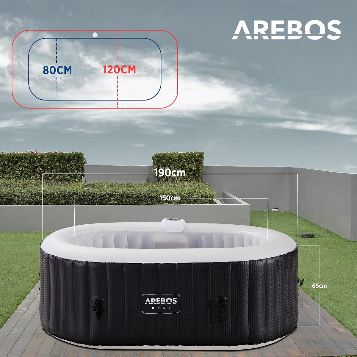 Jacuzzi Arebos con iluminación LED | Inflable | Interior y exterior | 190x120 cm ovalado | 2 personas | 90 boquillas de masaje | con calefacción | 550 litros | Incl. cubierta | Bubble Spa y masaje de bienestar