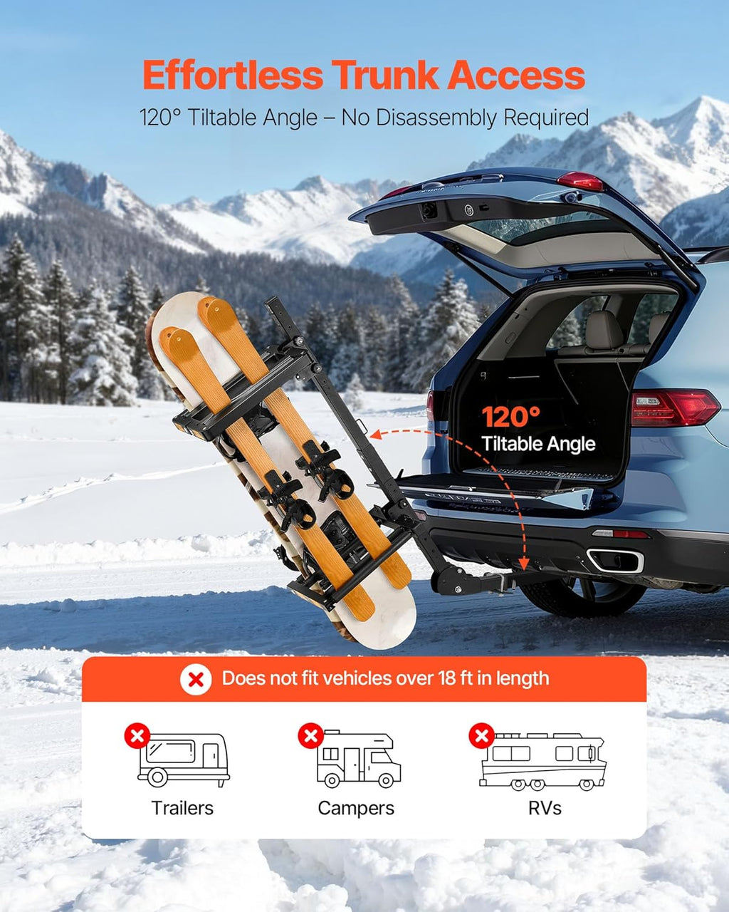 Portaesquís de remolque plegable VEVOR, compatible con receptor de 5 cm, soporte ajustable para tablas de snowboard, capacidad para 6 pares de esquís o 4 tablas, con cerradura, correa de seguridad, acceso inclinable