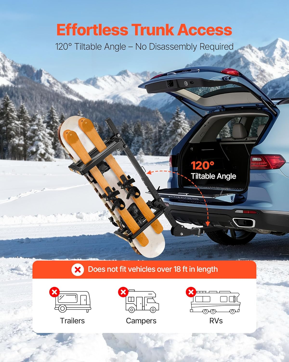 Portaesquís de remolque plegable VEVOR, compatible con receptor de 5 cm, soporte ajustable para tablas de snowboard, capacidad para 6 pares de esquís o 4 tablas, con cerradura, correa de seguridad, acceso inclinable