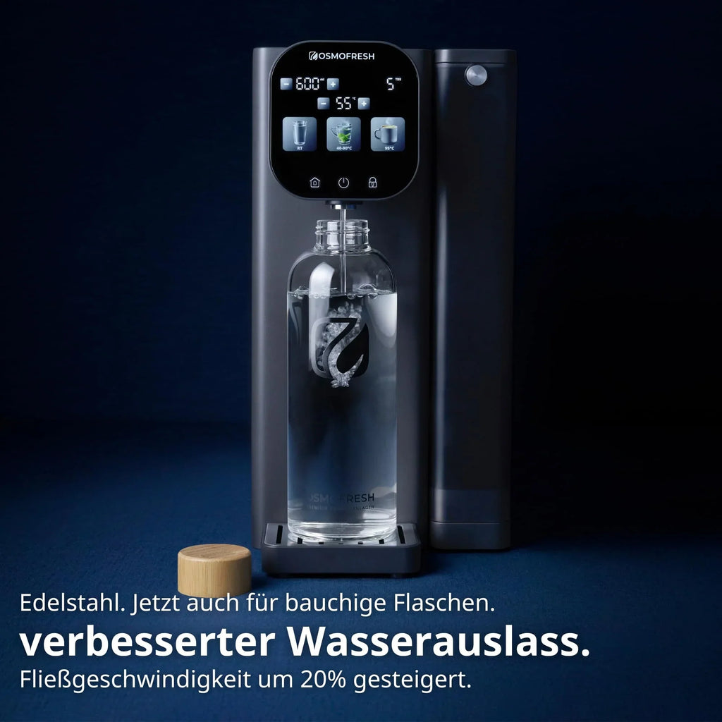 Sistema de ósmosis inversa de sobremesa OsmoFresh Fusion Air, dispensador de agua caliente, filtro de minerales, 3x UVC, relación de residuos 2:1, certificado por TÜV