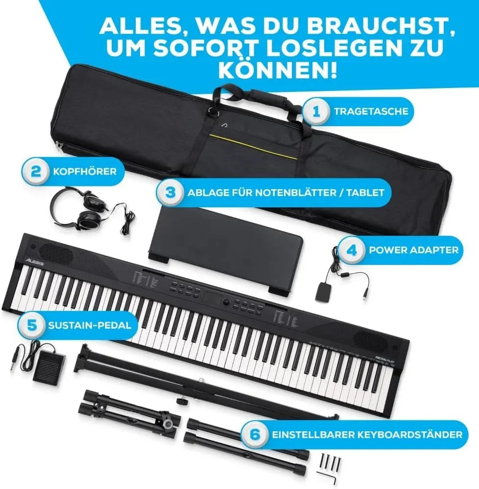 Teclado de piano digital de 88 teclas RECITALPLAY con 480 sonidos, USB-MIDI, altavoces y set de accesorios