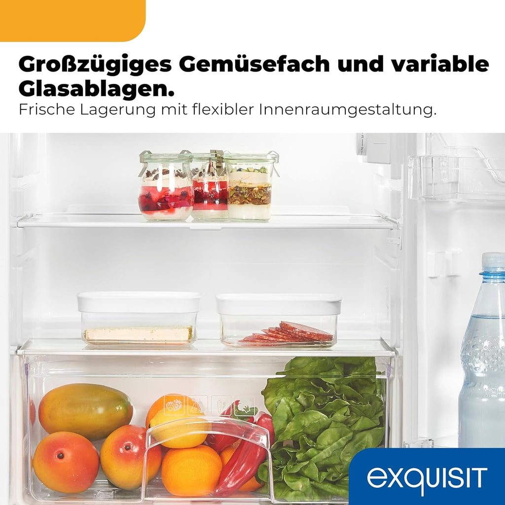 Frigorífico con congelador Exquisit, 109 l de capacidad útil, clase energética E, 40 dB(A), diseño compacto, congelador de 4 estrellas, iluminación LED, descongelación manual, KS516-4-E-040E, blanco