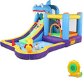 LEADZM Castillo hinchable con soplador, parque acuático inflable con temática de tiburón, con trampolín, tobogán, piscina, pistola de agua, adecuado para 3 niños de 3 a 10 años, 380x260x240 cm