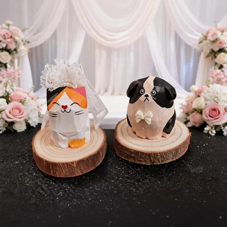 Adornos de madera tallados a mano de gatos y perros, decoración rústica para el hogar estilo bohemio de granja para escritorio