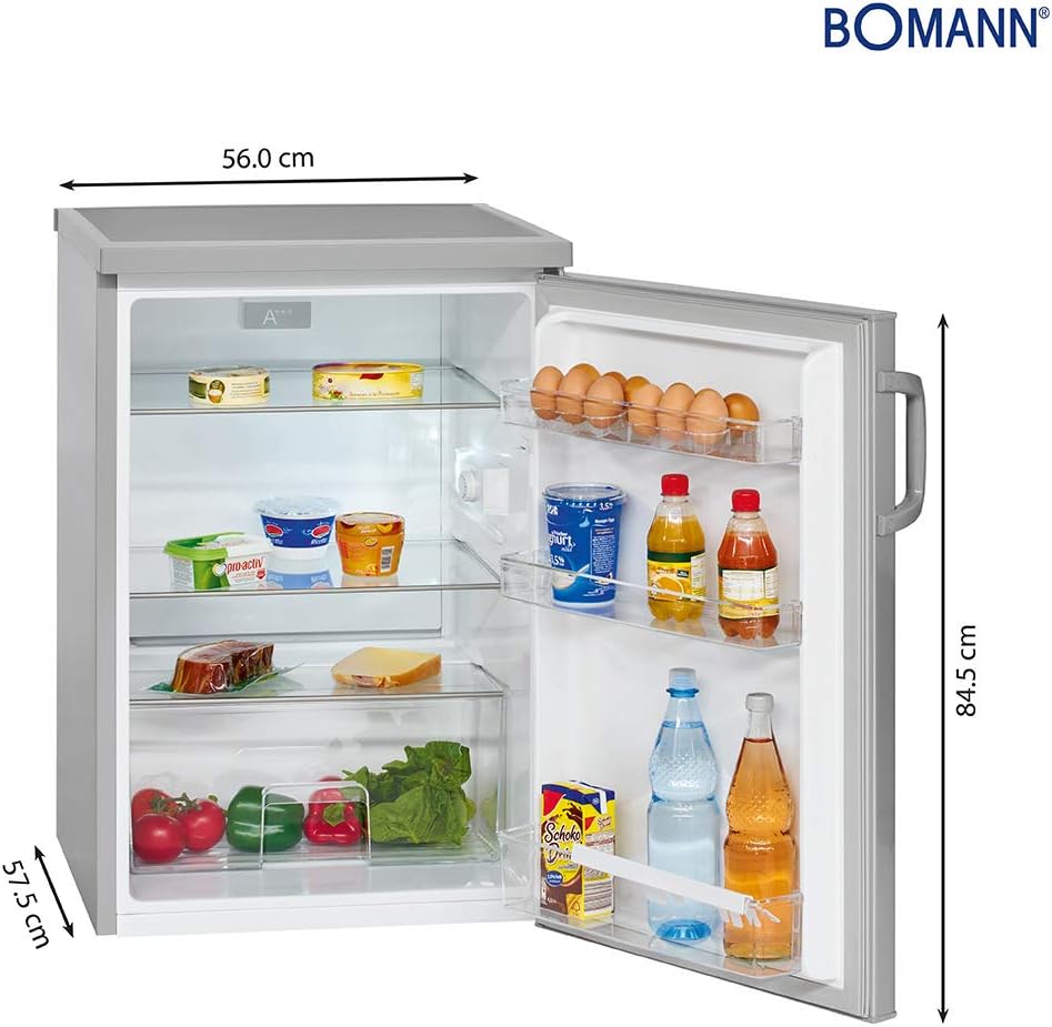 Refrigerador Bomann® sin congelador | Clase energética D | 85cm | silencioso 39dB | 3 estantes | puerta reversible | 133L | frigorífico pequeño con cajón para verduras | frigorífico estándar | VS 2195.1 inox
