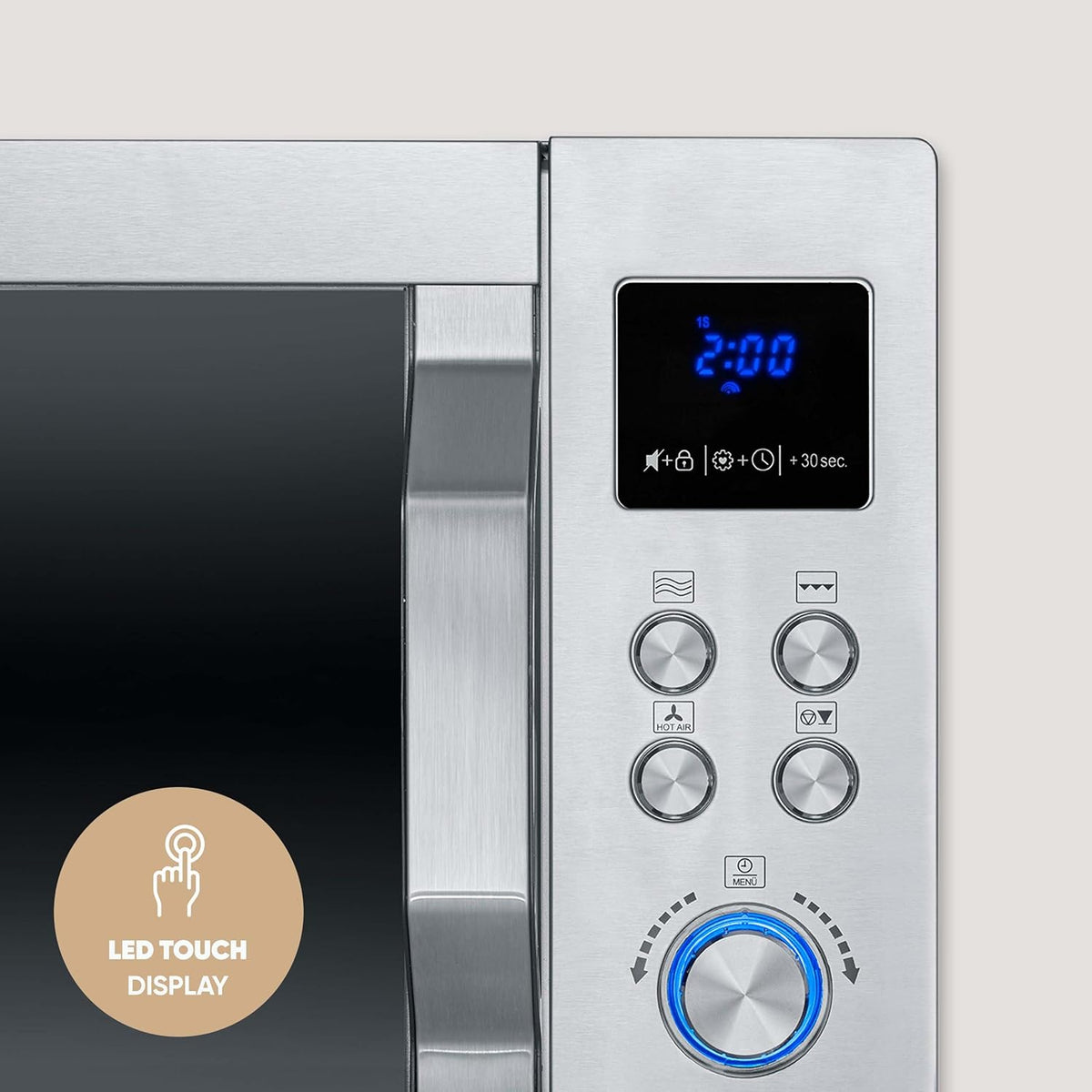Microondas 4 en 1 SEVERIN "Crispy Wave", función de aire caliente hasta 230 °C, freidora de aire, microondas, horno y grill, temporizador de 95 min, potencia máx. 2150 W, 25 L, plata/acero inoxidable, MW 7982