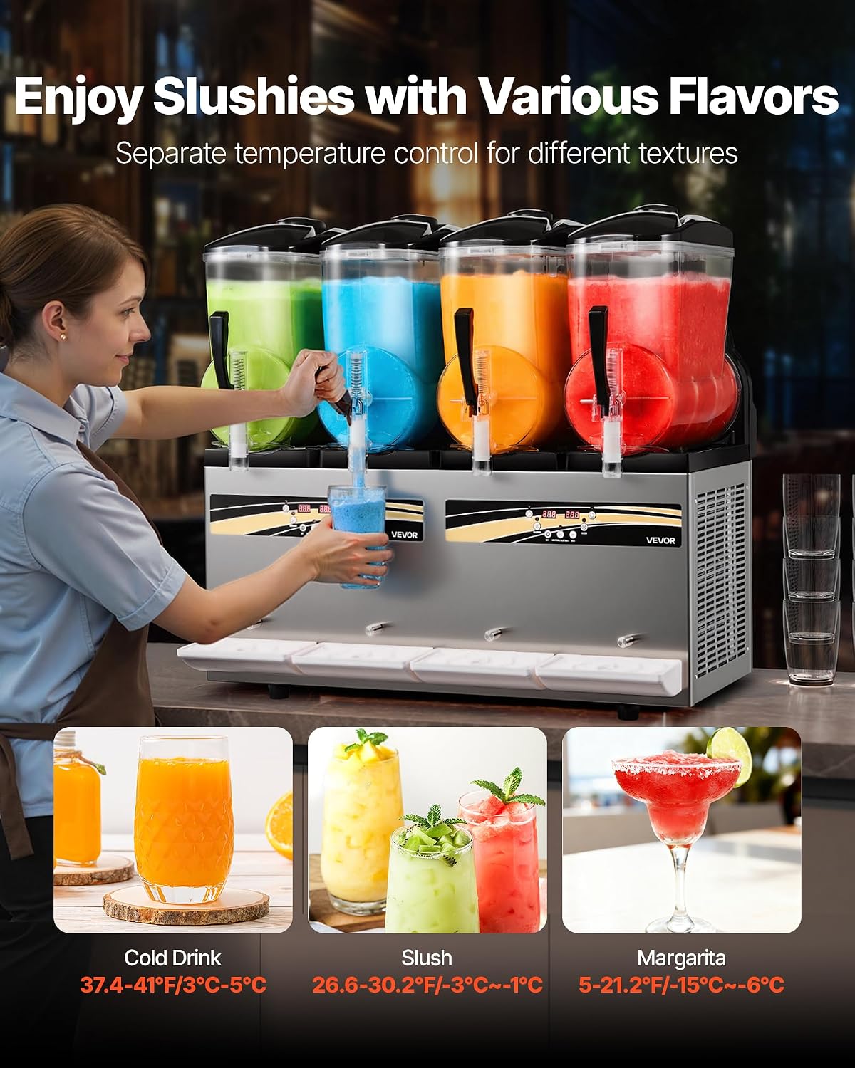 Máquina de granizados VEVOR 4 x 12 L, fabricante de granizados de 1650 W (no necesita hielo), máquina eléctrica para margaritas con función de autolimpieza, adecuada para margaritas granizadas, frappés, batidos y licuados