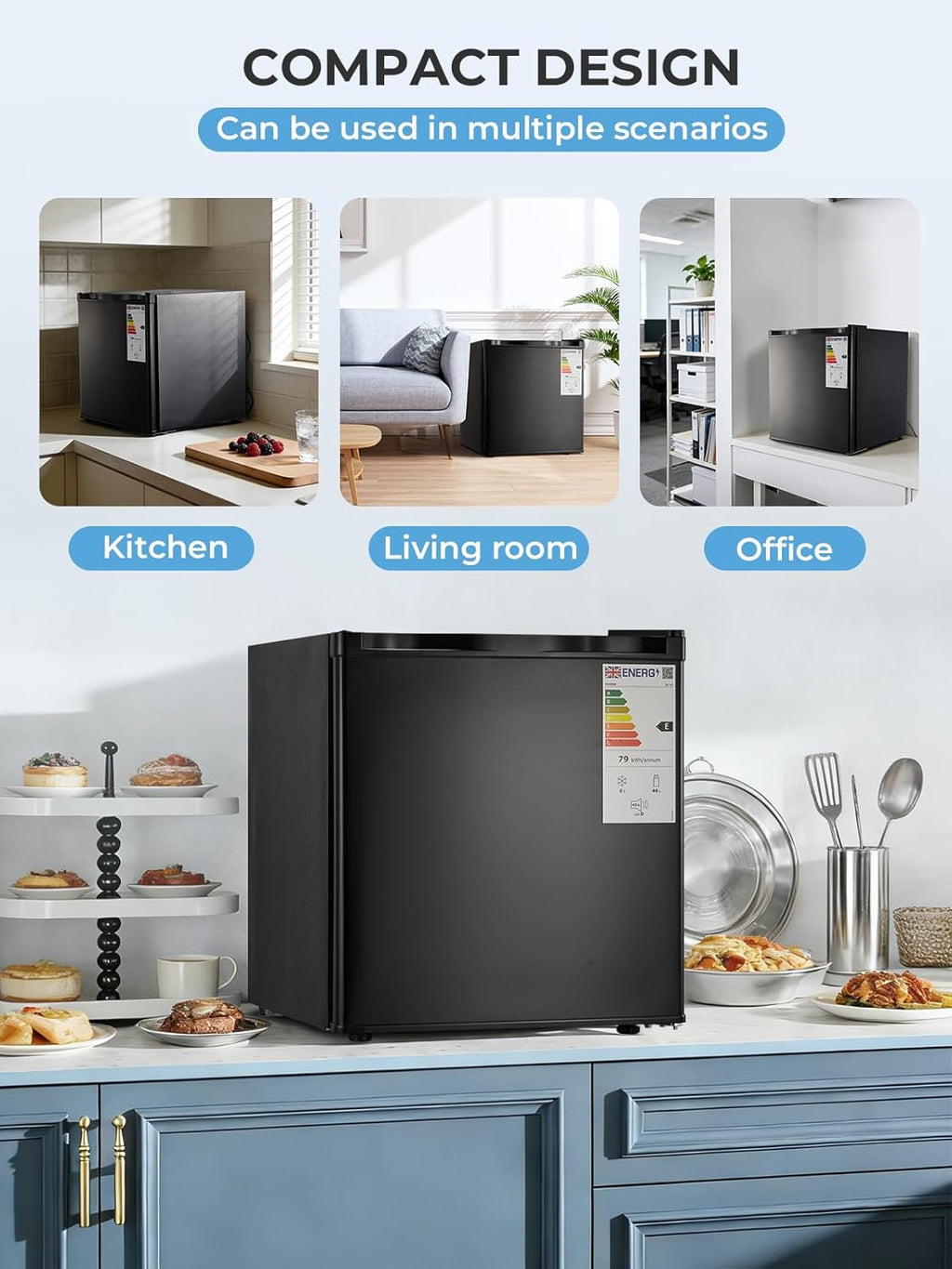 Mininevera FOHERE 46L, frigorífico pequeño con 7 niveles de refrigeración, energéticamente eficiente, supersilencioso, puerta reversible y patas ajustables, para hotel, oficina, apartamentos pequeños, negro