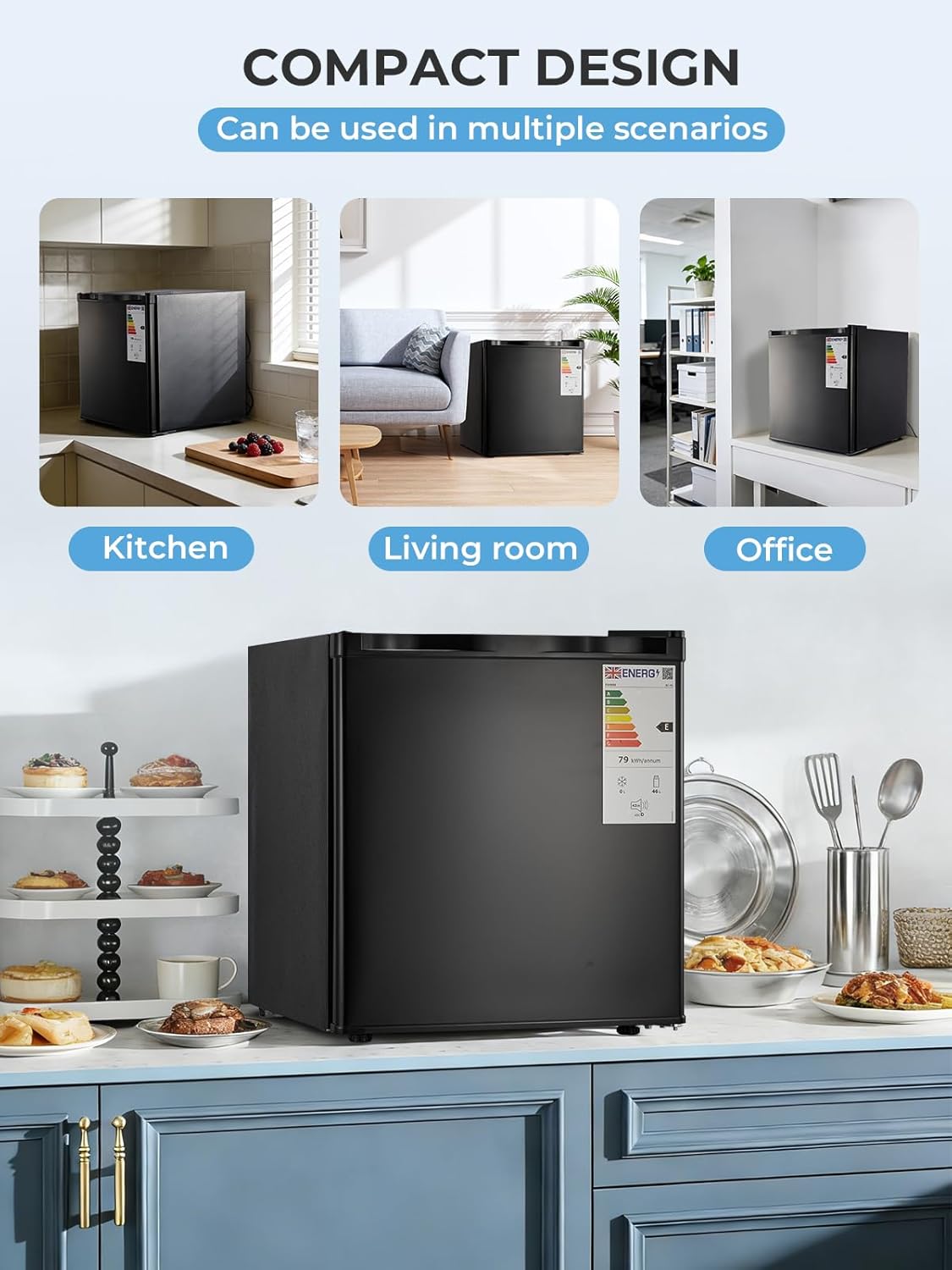 Mininevera FOHERE 46L, frigorífico pequeño con 7 niveles de refrigeración, energéticamente eficiente, supersilencioso, puerta reversible y patas ajustables, para hotel, oficina, apartamentos pequeños, negro