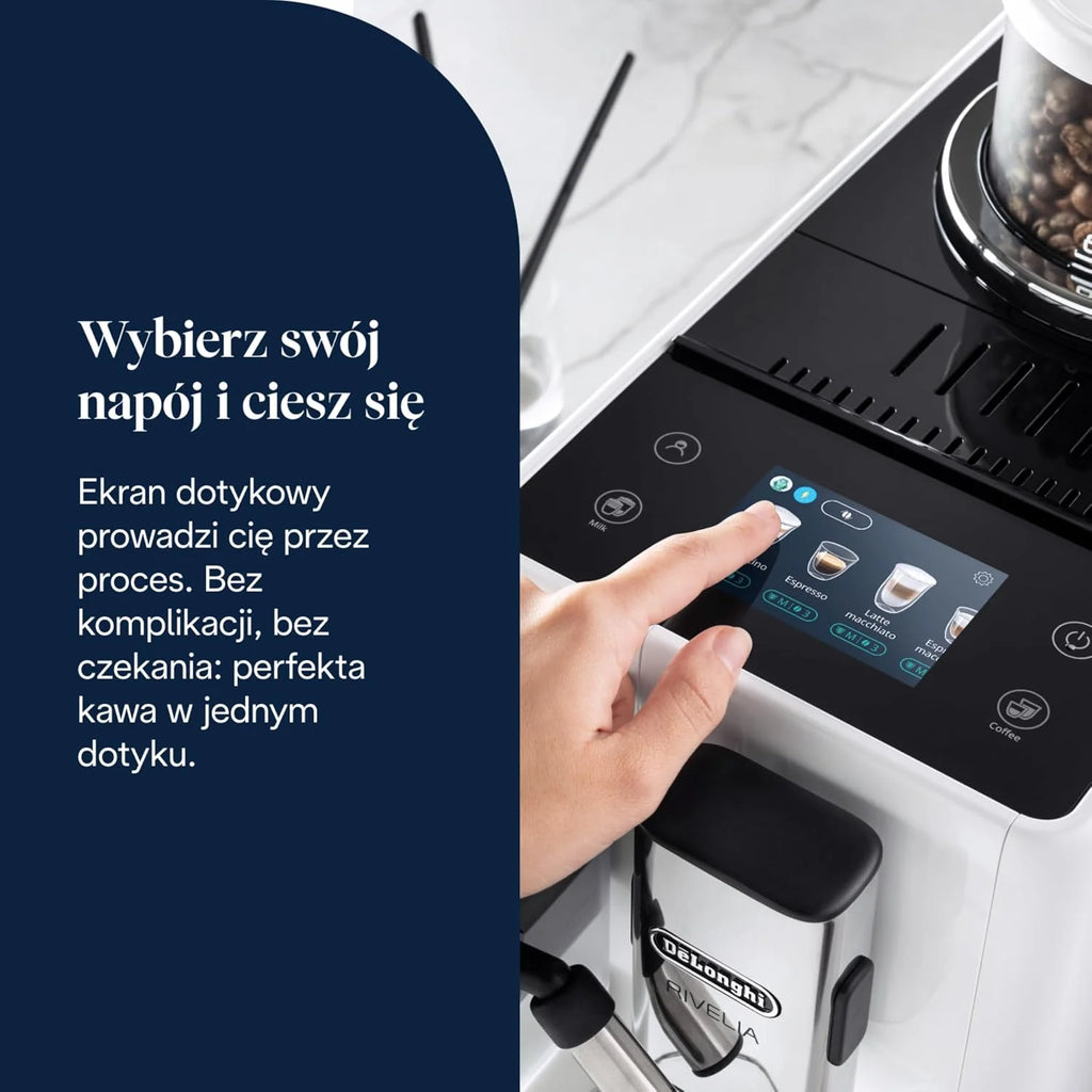 De'Longhi Rivelia EXAM440.55.W, superautomatyczny ekspres do kawy z LatteCrema Hot, automatyczny spieniacz do mleka, kompaktowy rozmiar, 16 przepisów, kolorowy ekran dotykowy, arktyczna biel
