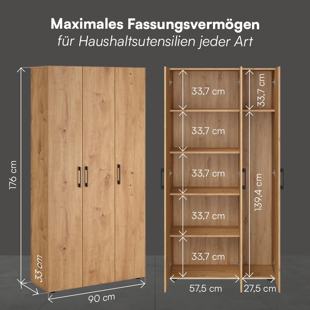 Bellamio Apol Mehrzweckschrank Eichenoptik – Besenschrank 90 cm breit mit Stauraum – Putzschrank mit Staubsaugerfach – Vorratsschrank Küche - Aktenschrank aus Holz - Flurschrank – Aufbewahrungsschrank