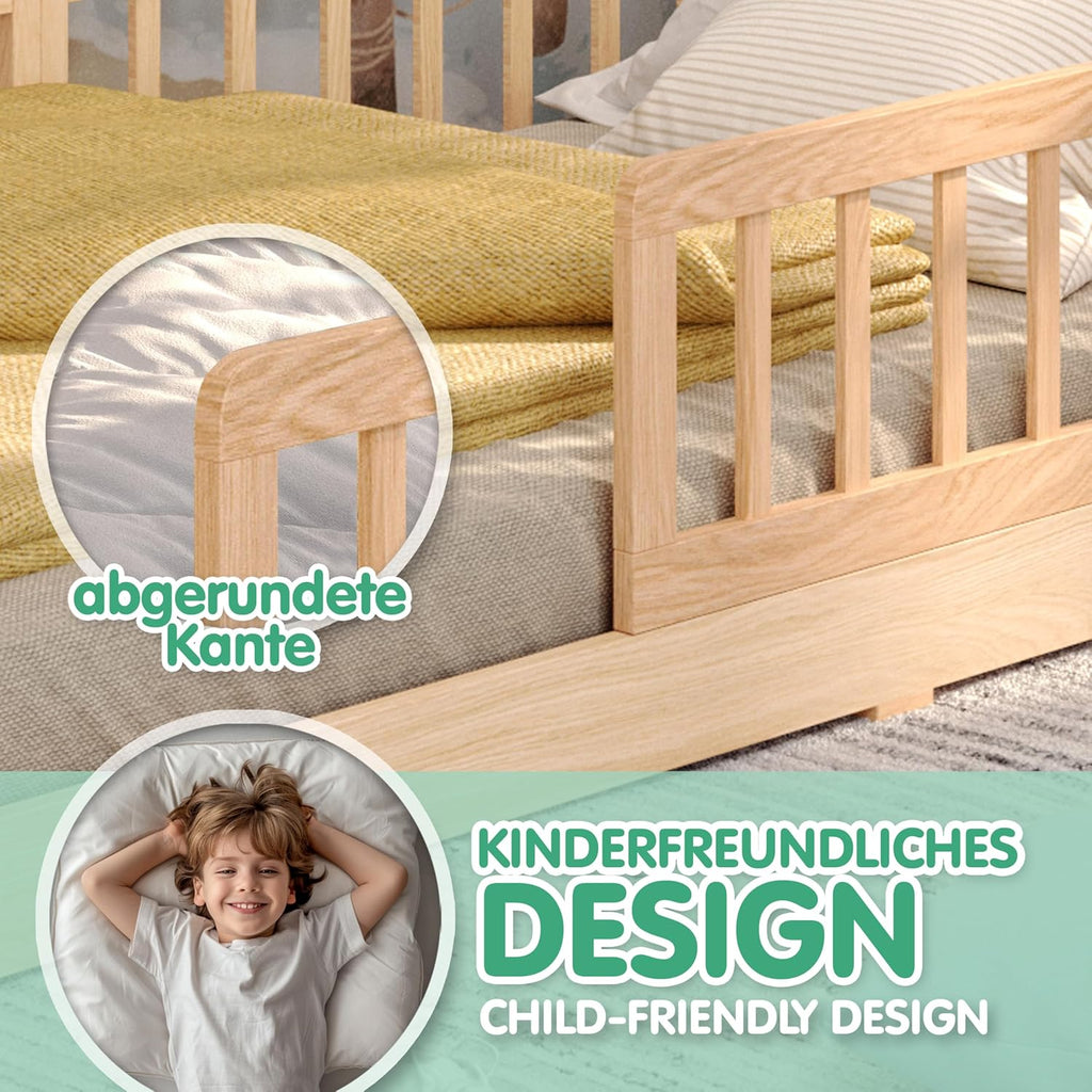 Cama infantil CADANI Malte 90x200 cm – Cama casita con barrera de seguridad extraíble, capacidad de carga de hasta 200 kg, somier de láminas enrollable, cama Montessori a ras de suelo de madera maciza de pino, natural