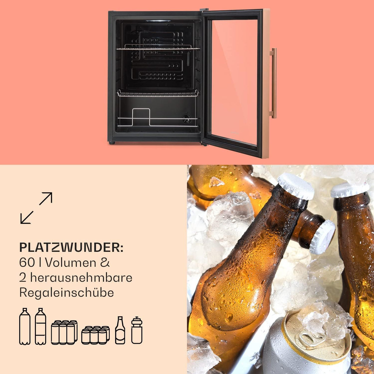 Mininevera Klarstein con puerta de cristal para habitaciones, refrigerador de bebidas con estantes ajustables, pequeño de 80 litros, frigorífico silencioso para interiores/exteriores