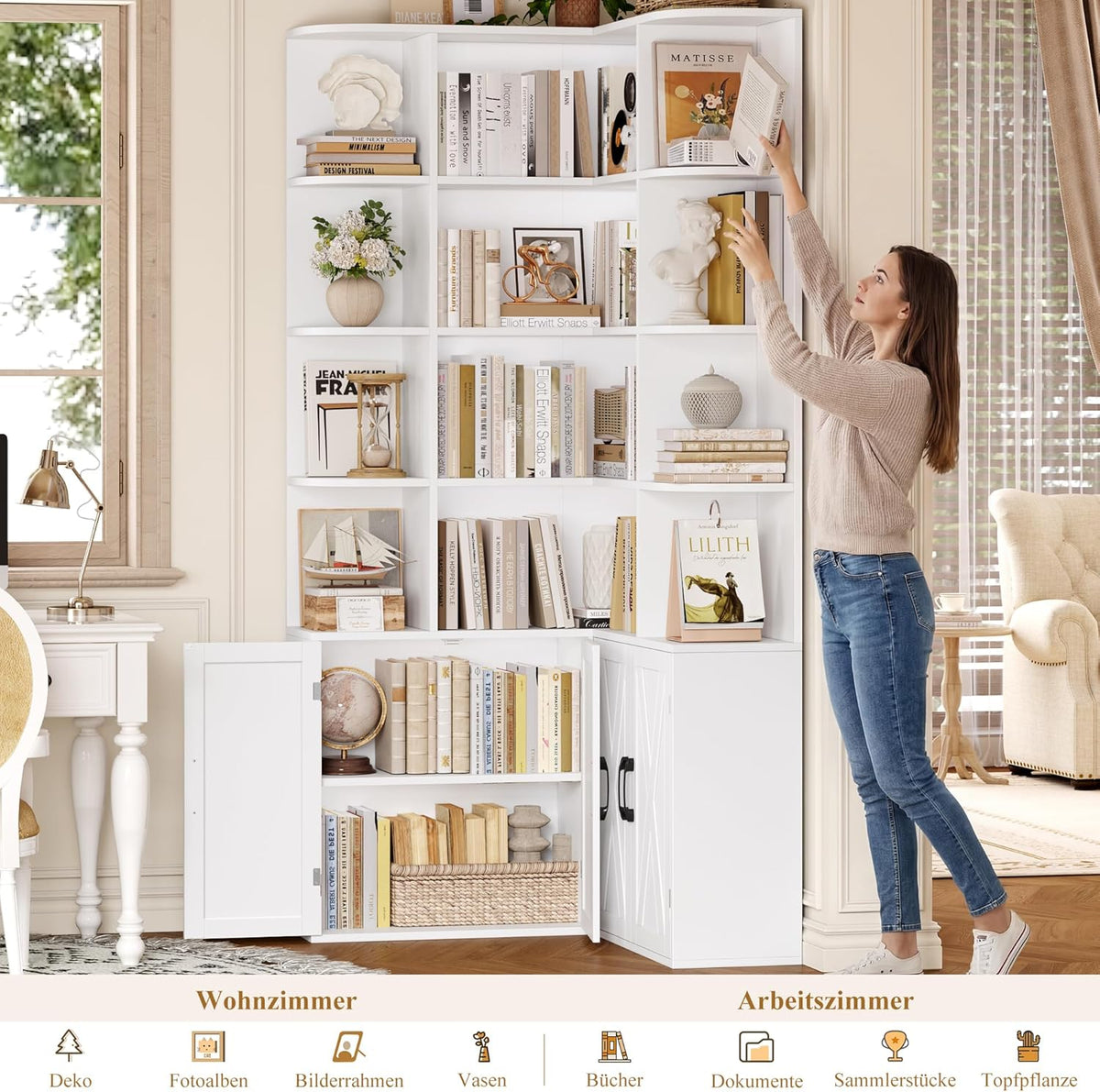 Librería FirFurd de 187 cm con puertas, estantería esquinera con 12 compartimentos, armario para libros en forma de L, vitrina de madera, armario alto, estante con puertas para salón, estudio, oficina, cocina, 187 x 80 x 80 cm, blanco