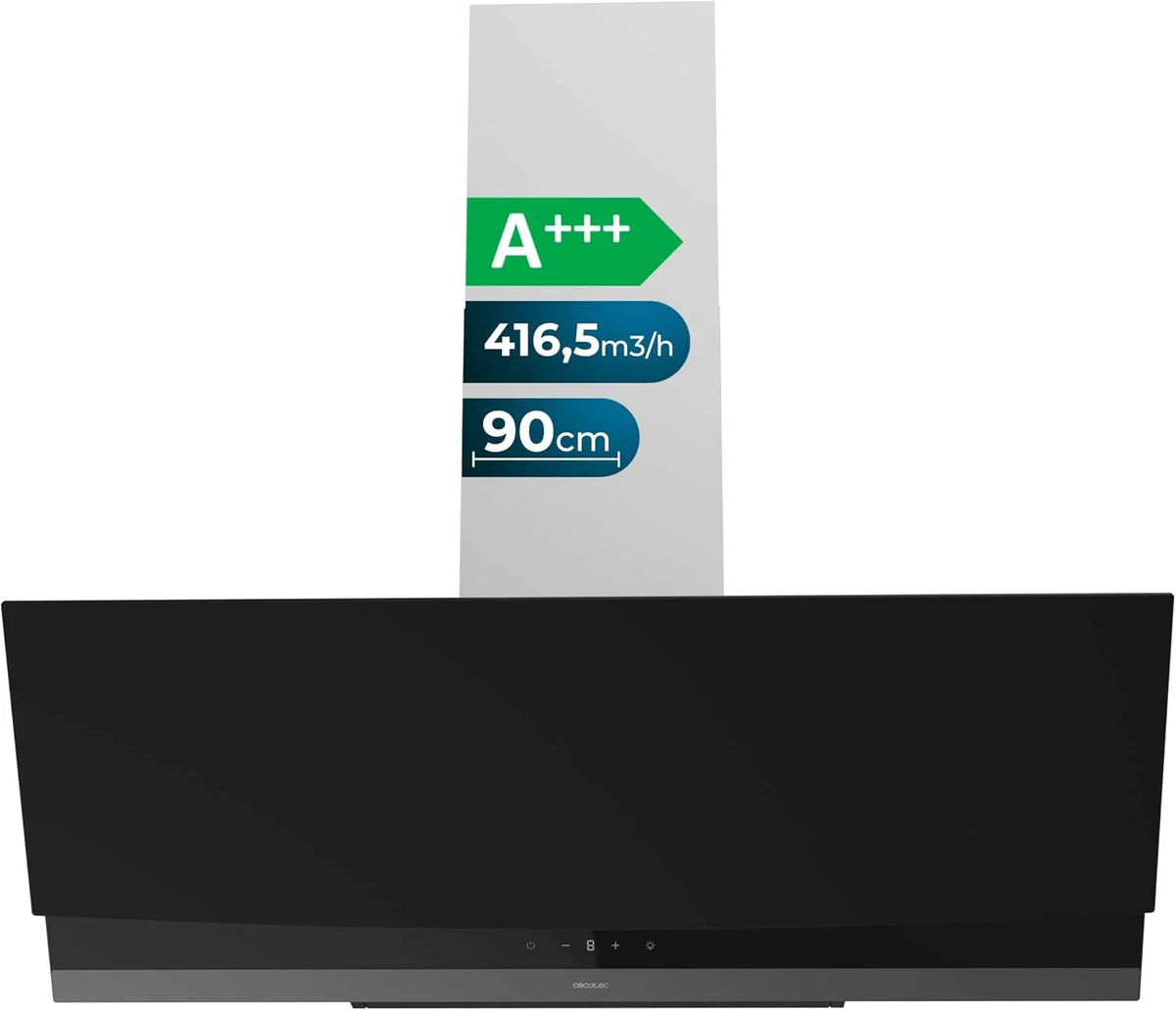 Cecotec Dekoracyjny okap kuchenny Bolero Flux DT 904400 Matt Black A+++. Ssanie 416,5m³/h, 3 prędkości, niskie zużycie, silnik DC, sterowanie ruchem i dotykiem, matowe szkło, korpus ze stali