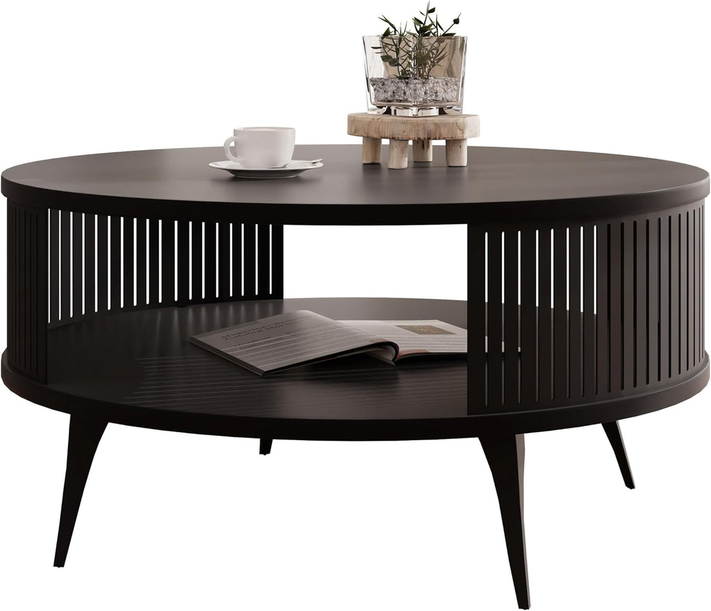 Mesa de centro Mirjan24 Rajkon con estante, forma redonda, patas de metal, mesa de café, mesas de salón, mesa auxiliar, mesa de sofá, mesa de té (Negro Molet, Negro)