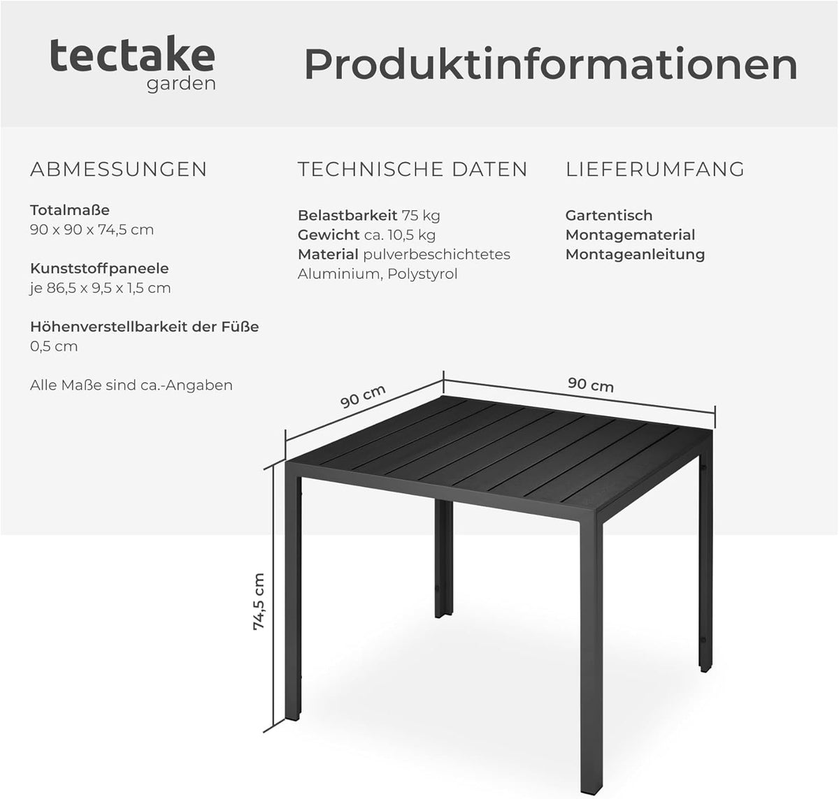 tectake® Mesa de jardín, mesa de comedor exterior, mesa de balcón con aspecto de madera, mesa de terraza con marco de aluminio, muebles de jardín resistentes a la intemperie, 90x90x74,5 cm, mesa para jardín, salón, conjunto de asientos - negro